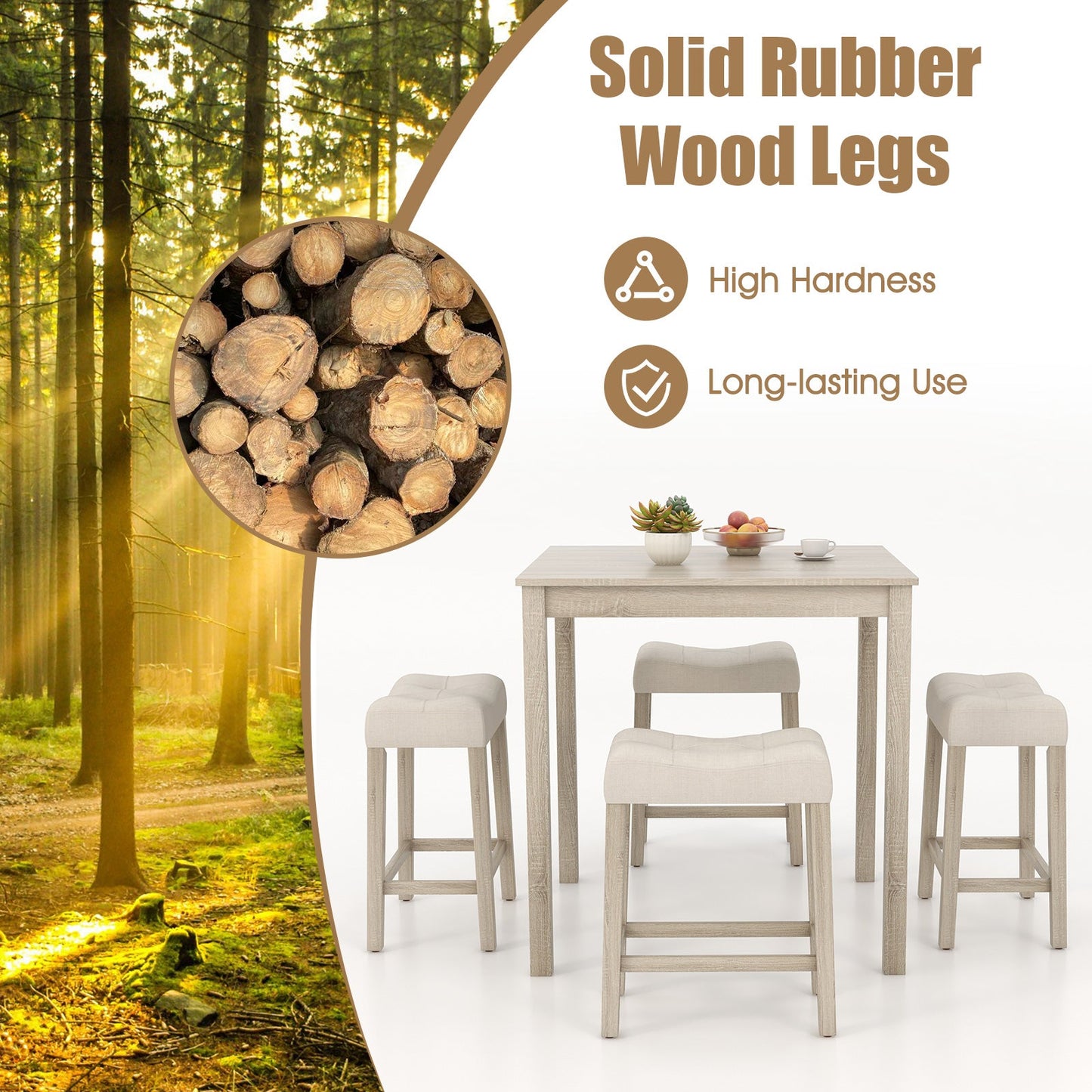 5 Pieces Bar Table Set with Square Table and 4 Padded Stools-Gray