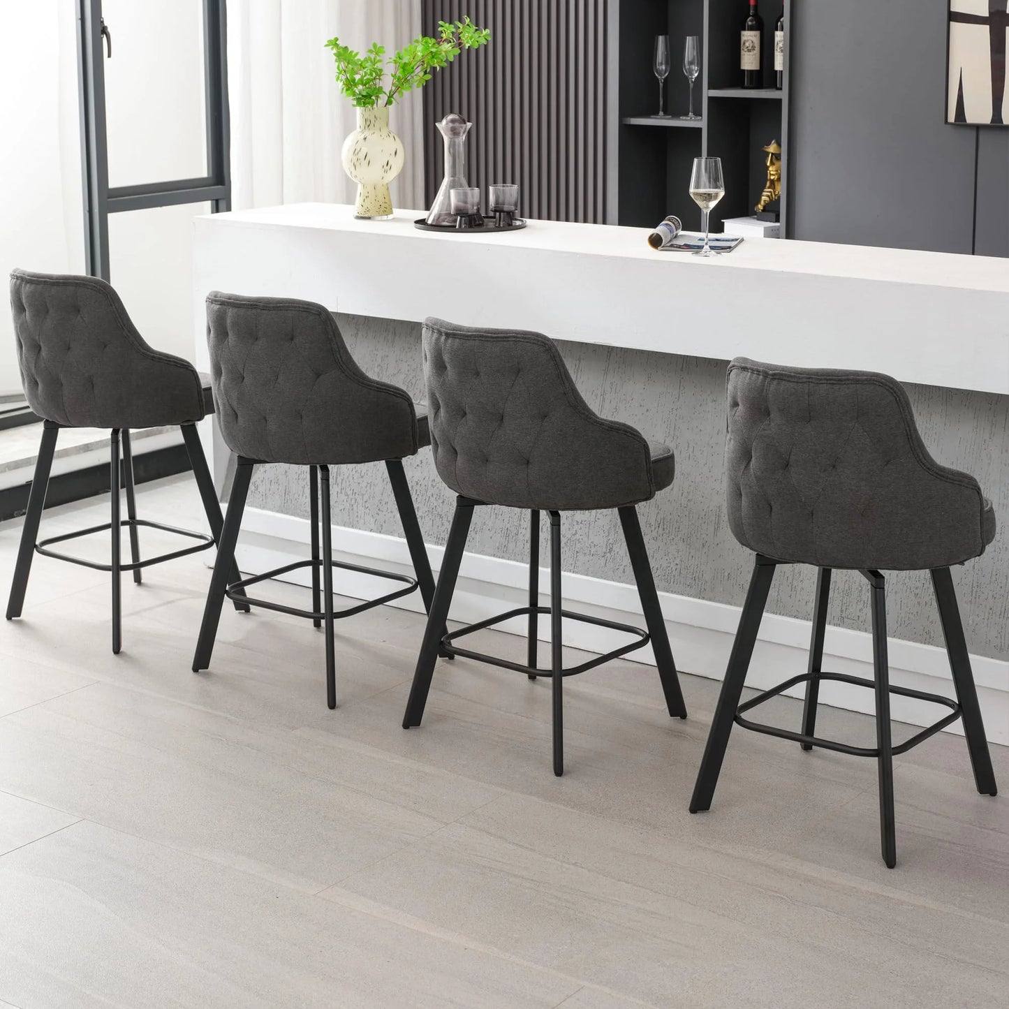 Bar Stools Set of 3, 26" Swivel Counter Height Bar Stools with High Back, Linen Kitchen Barstools Counter Height for Kitchen Island (Dark Grey, 3PCS 26" Counter Stools)