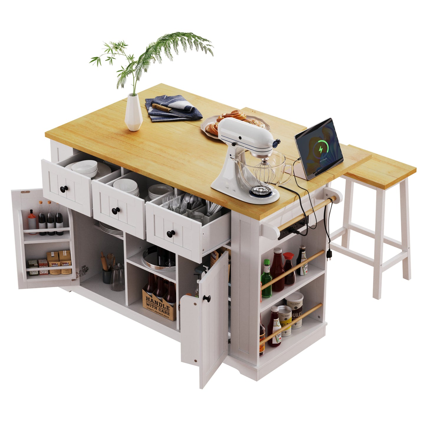 K&K 53inch Large Kitchen Island with 2 Bar Stools, Power Outlet,Door Internal Storage Rack, Kitchen Storage Cart on 5 Wheels with Drop Leaf, 5 Open Side Racks, 3 Drawers, for Kitchen,Dining Room,White