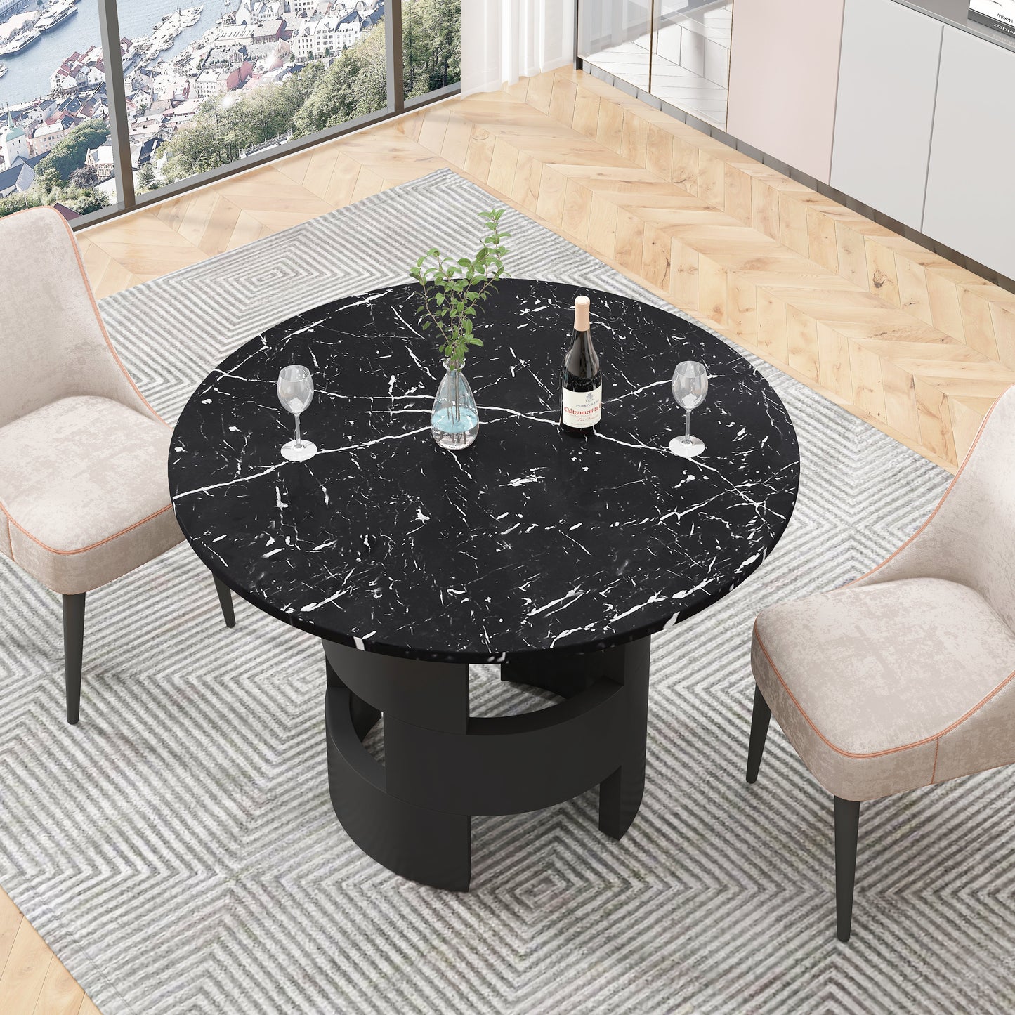 42.12"Modern Round Dining Table with Printed Black Marble Table Top for Dining Room