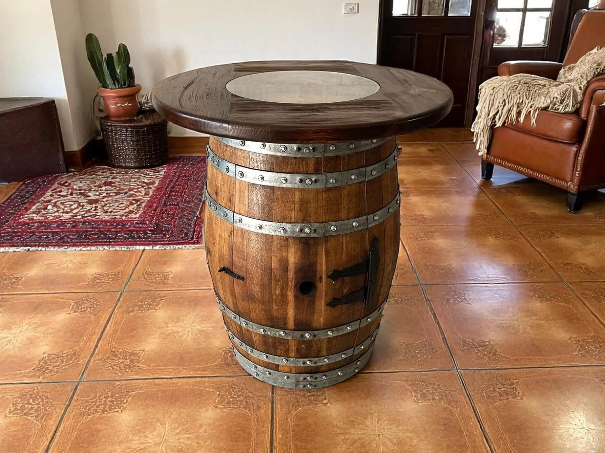 Whiskey & Wine Barrel Pub Set — 4 Stools, Counter Height, Cabinet Storage