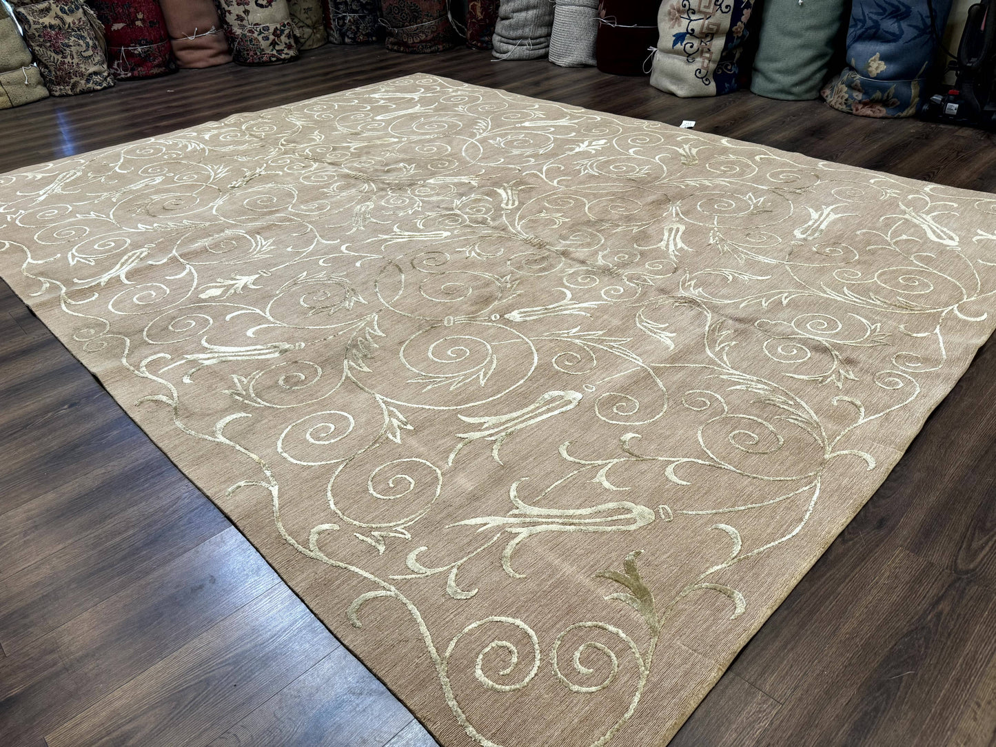 Tibetan Rug 9x12 Wool and Silk Beige Modern Handmade Carpet