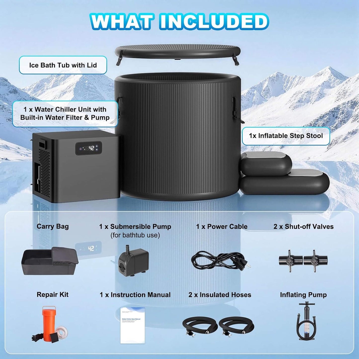 Cold Plunge Tub Kit With 1/3 HP Chiller, Filter And Pump