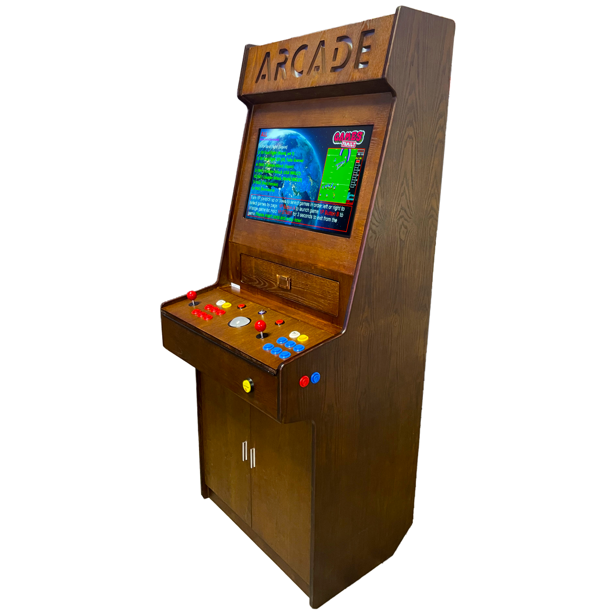 Full-sized two player upright arcade game with wood grain finish (3,000+ games)