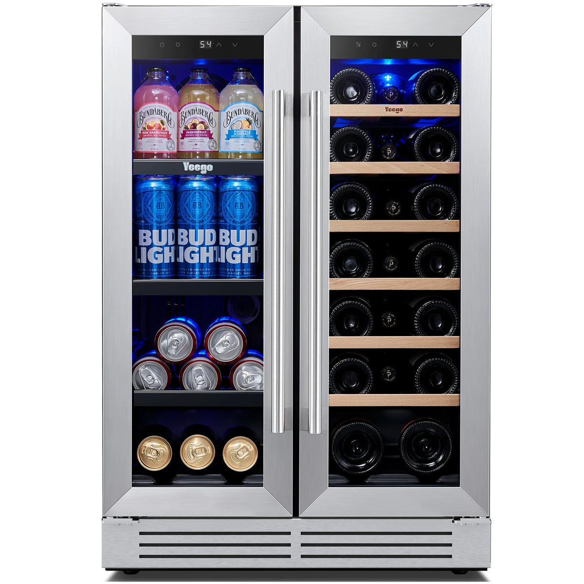24 Inch Wine and Beverage Refrigerator, 20 Bottles and 60 Cans Dual Zone Fridge with French Glass Door for Home/Office, 36℉~72℉, Built-In/ Freestanding