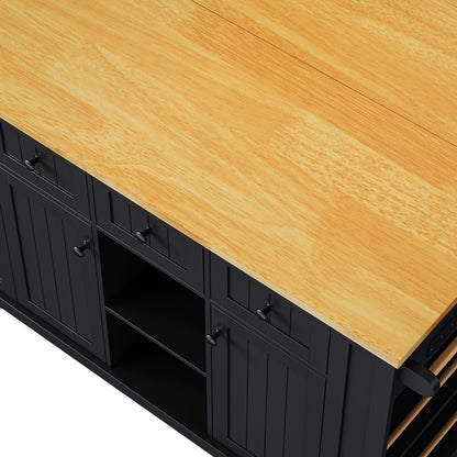 K&K 53inch Large Kitchen Island with 2 Bar Stools, Power Outlet,Door Internal Storage Rack, Kitchen Storage Cart on 5 Wheels with Drop Leaf, 5 Open Side Racks, 3 Drawers, for Kitchen,Dining Room,Black