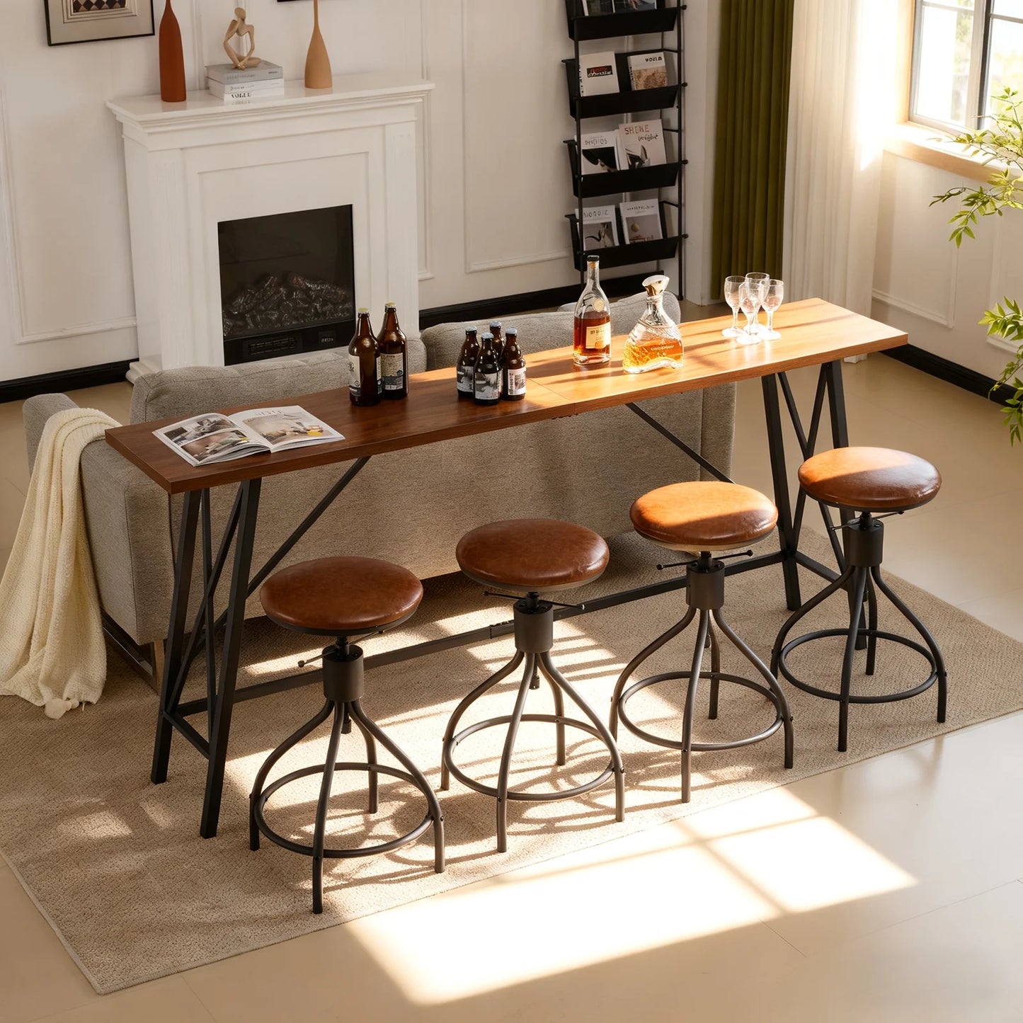 84" Bar Table and Chairs Set for 4~6, Pub Set for 4 PU Padded Barstools Swivel Stool Dining Table Set, Modern Dining Set for 4, Retro Brown