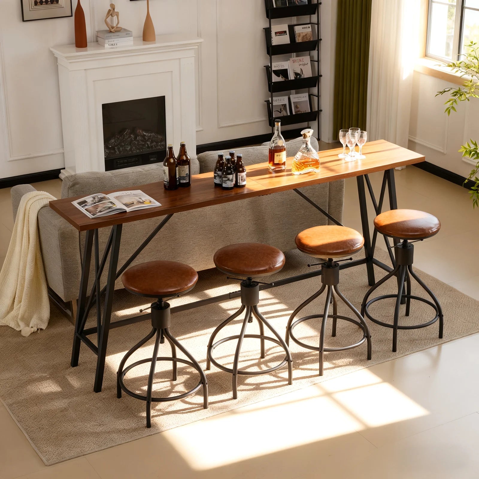 84" Bar Table and Chairs Set for 4~6, Pub Set for 4 PU Padded Barstools Swivel Stool Dining Table Set, Modern Dining Set for 4, Retro Brown