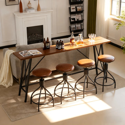 84" Bar Table and Chairs Set for 4~6, Pub Set for 4 PU Padded Barstools Swivel Stool Dining Table Set, Modern Dining Set for 4, Retro Brown