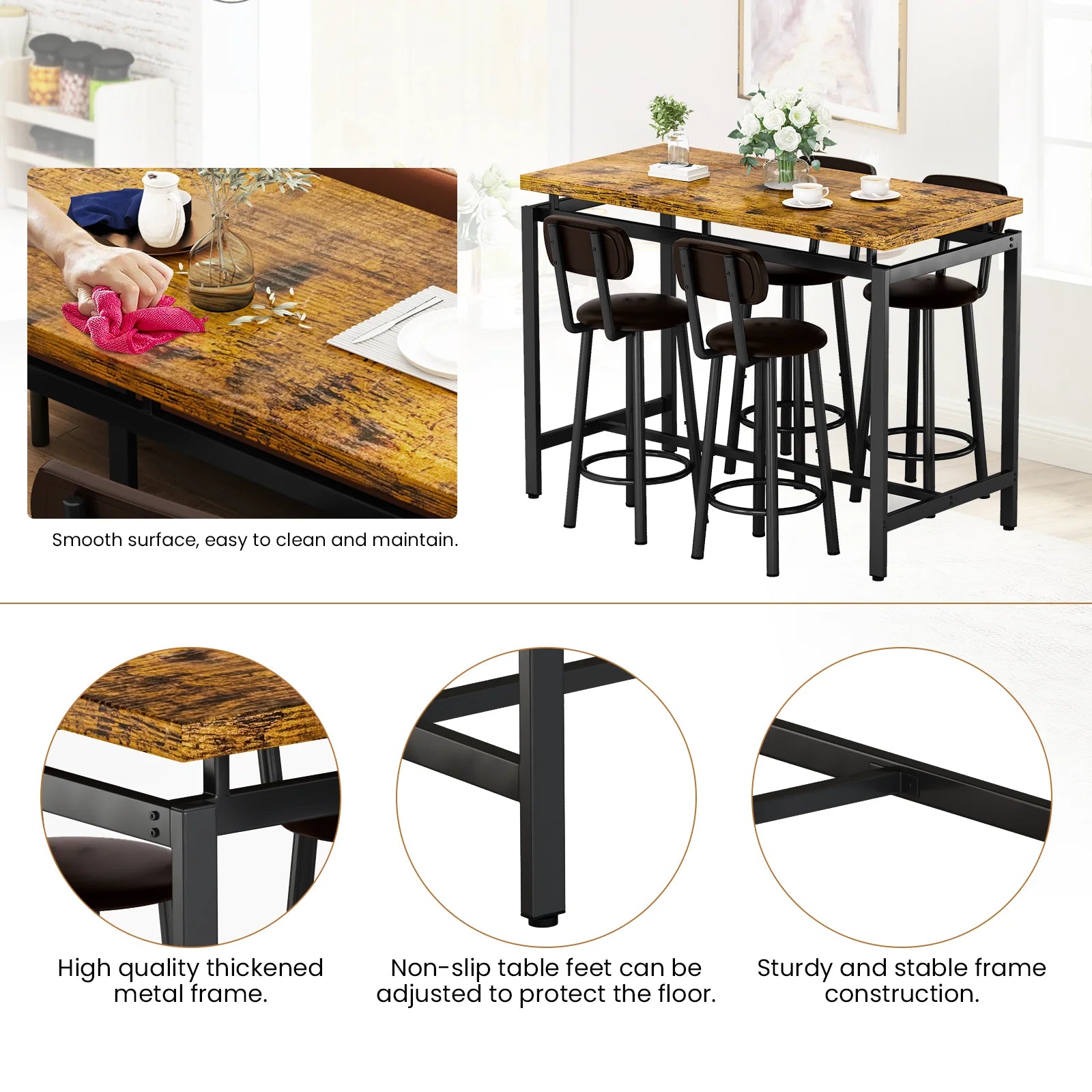 Breakfast Barstool Counter Height Dining Table Set for 4 with Upholstered Bar Stools, High Top Table, Vintage Brown