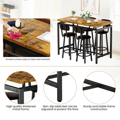 Breakfast Barstool Counter Height Dining Table Set for 4 with Upholstered Bar Stools, High Top Table, Vintage Brown
