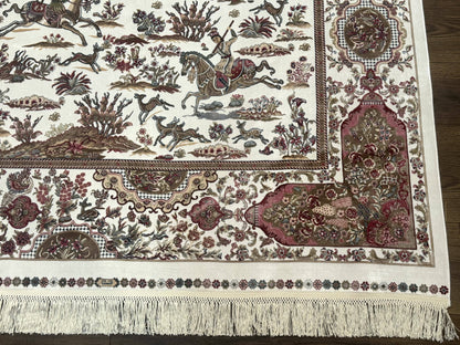 Turkish Silk Rug 5x8, Ivory, Hunting Design, Animal Pictorials, Bamboo Silk