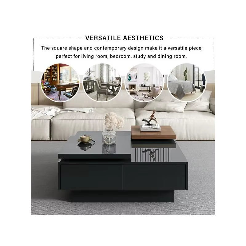 Modern Square Coffee Table with High Gloss Finish, Movable Design, 4 Hidden Storage Drawers for Living Room