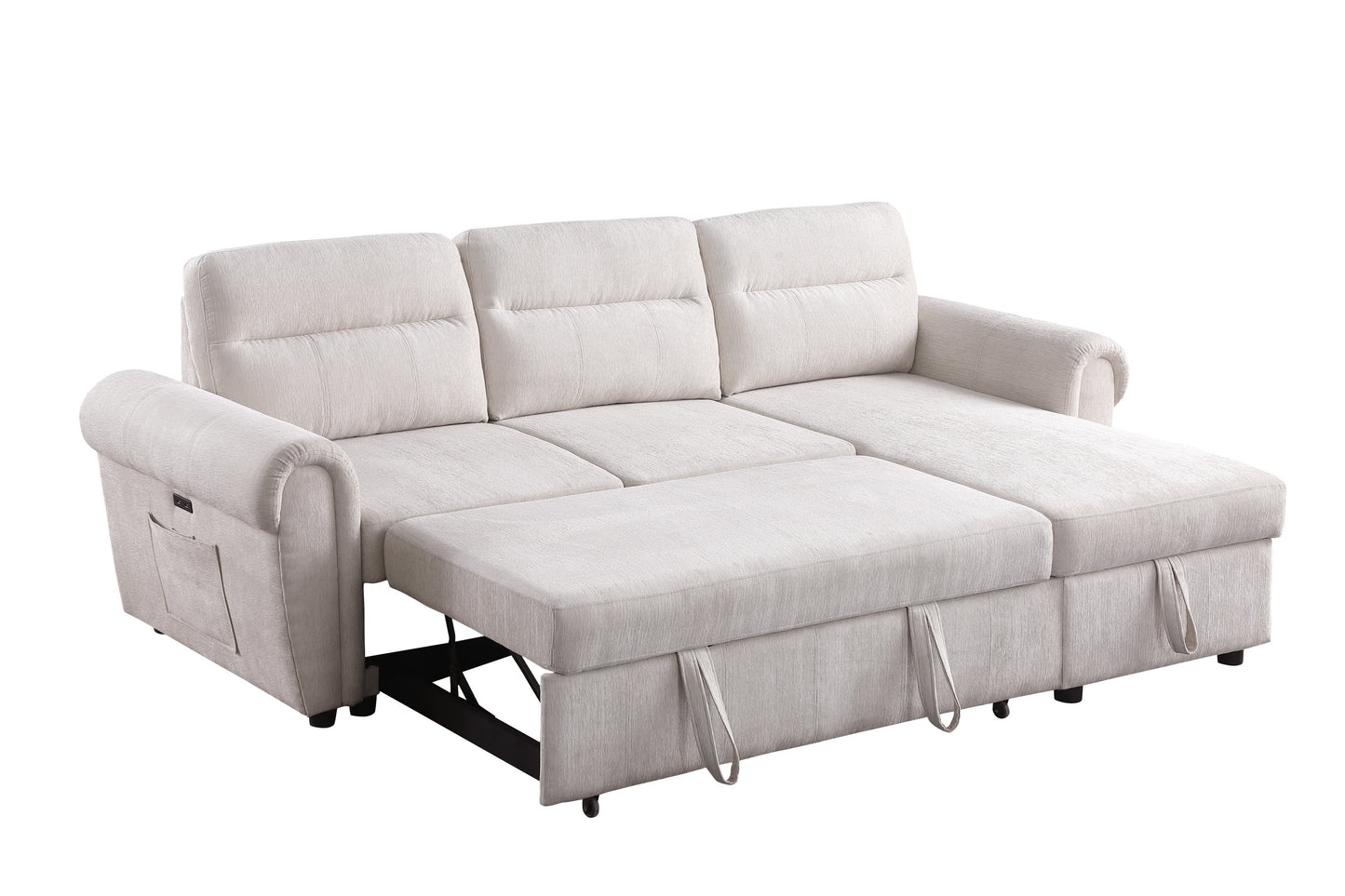 Hugo 97'W Beige Chenille Reversible Sleeper Sectional Sofa Chaise with USB Charger