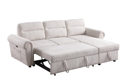 Hugo 97'W Beige Chenille Reversible Sleeper Sectional Sofa Chaise with USB Charger