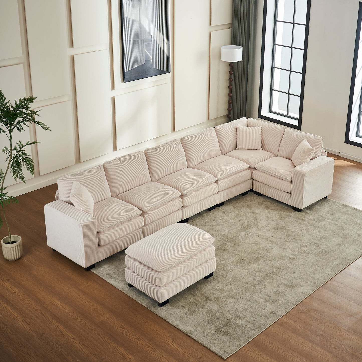 Modern U Shaped 6-seat Sectional Sofa Couch with one Ottoman and three toss pillow
