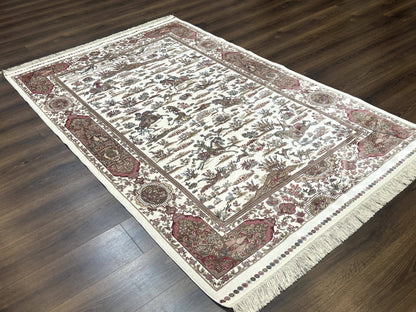 Turkish Silk Rug 5x8, Ivory, Hunting Design, Animal Pictorials, Bamboo Silk