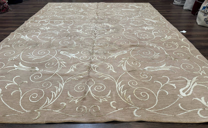 Tibetan Rug 9x12 Wool and Silk Beige Modern Handmade Carpet