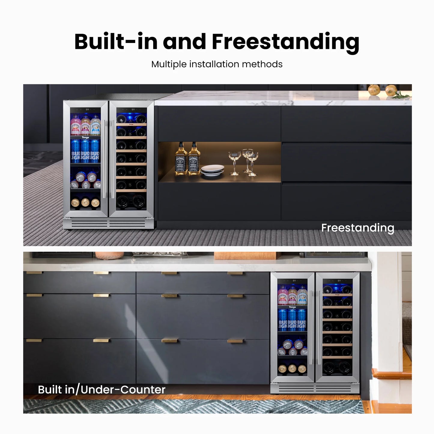 24 Inch Wine and Beverage Refrigerator, 20 Bottles and 60 Cans Dual Zone Fridge with French Glass Door for Home/Office, 36℉~72℉, Built-In/ Freestanding