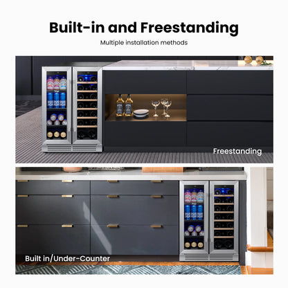 24 Inch Wine and Beverage Refrigerator, 20 Bottles and 60 Cans Dual Zone Fridge with French Glass Door for Home/Office, 36℉~72℉, Built-In/ Freestanding