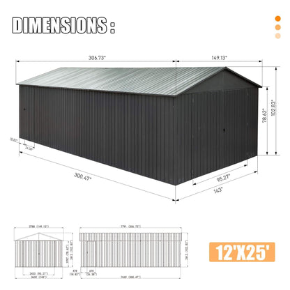 [12X25FT] Alora Extra Large Heavy-Duty Outdoor Metal Carport Garage Shed With Lockable Double Hinged Doors (SAK34153)