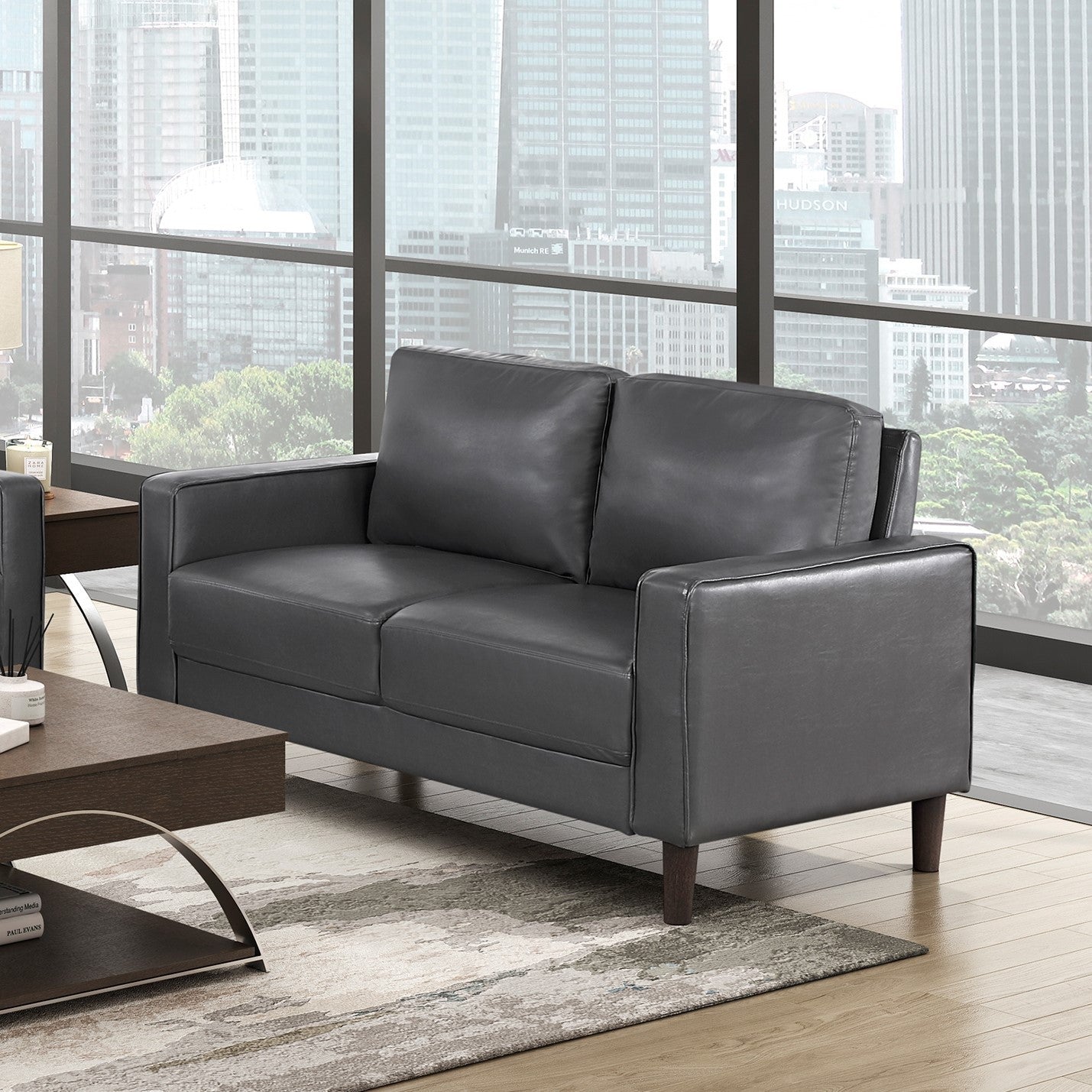 Modern Living Room Furniture 3pc Set Sofa Loveseat Chair Dark Gray Faux Leather Upholstered Cushion Back Seat Solid Wood