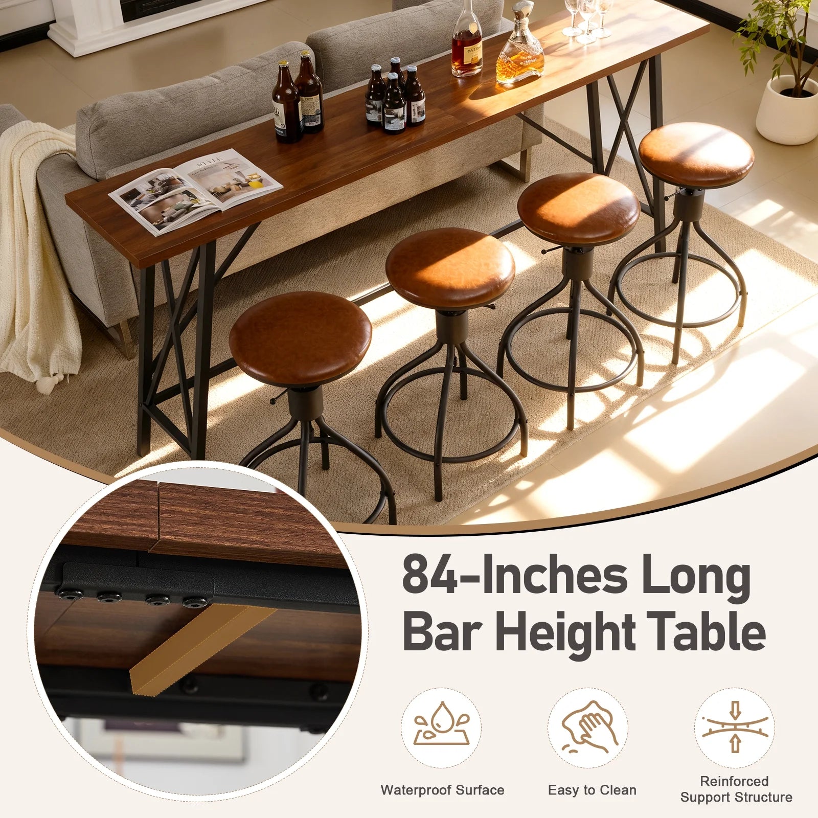 84" Bar Table and Chairs Set for 4~6, Pub Set for 4 PU Padded Barstools Swivel Stool Dining Table Set, Modern Dining Set for 4, Retro Brown