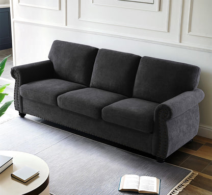 Soft Velvet Sofa, Upholstered 3 Seater Couch with High-Density Foam, Loose Back Cushions and Solid Wood Turned Legs, Chic Living Room Furniture for Home, Apartment and Office, Black