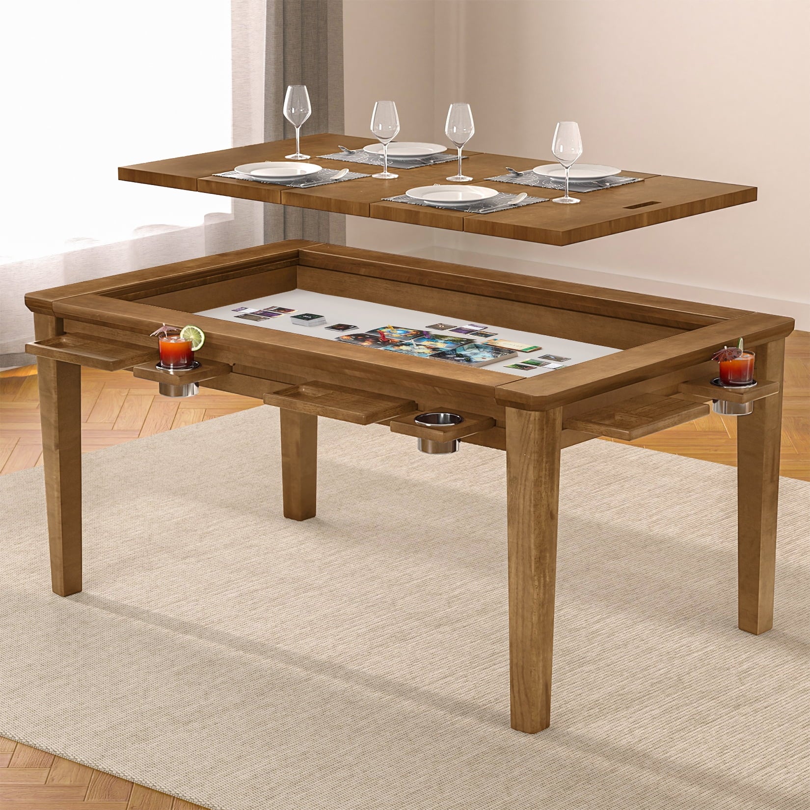 Solid Wood Board Game Table for 4–6 with Removable Top, 54" X 31" Gaming Surface, Game Mat, 6 Cup Holders & Hobby Tray – Convertible Gaming and Dining Table for D&D , Card Game and Puzzle