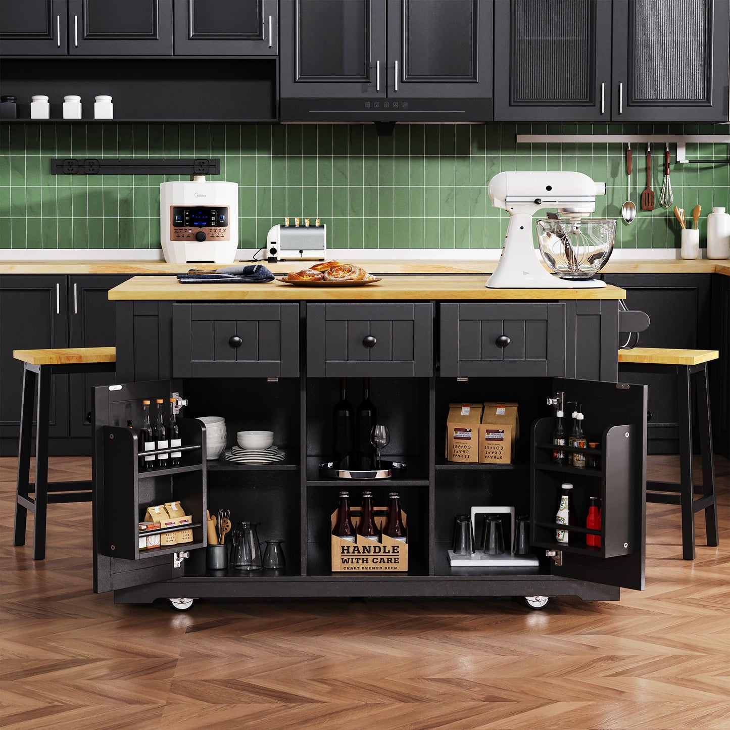 K&K 53inch Large Kitchen Island with 2 Bar Stools, Power Outlet,Door Internal Storage Rack, Kitchen Storage Cart on 5 Wheels with Drop Leaf, 5 Open Side Racks, 3 Drawers, for Kitchen,Dining Room,Black