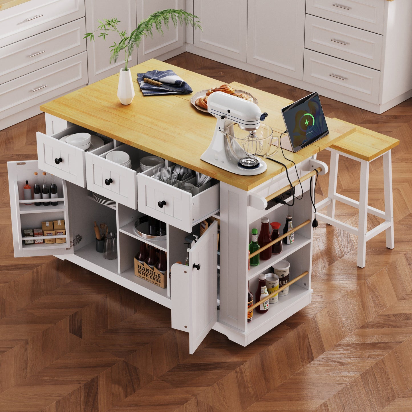 K&K 53inch Large Kitchen Island with 2 Bar Stools, Power Outlet,Door Internal Storage Rack, Kitchen Storage Cart on 5 Wheels with Drop Leaf, 5 Open Side Racks, 3 Drawers, for Kitchen,Dining Room,White
