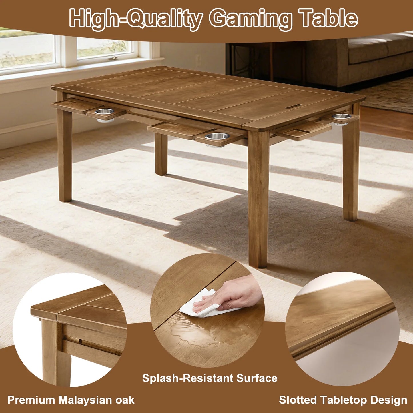 Solid Wood Board Game Table for 4–6 with Removable Top, 54" X 31" Gaming Surface, Game Mat, 6 Cup Holders & Hobby Tray – Convertible Gaming and Dining Table for D&D , Card Game and Puzzle