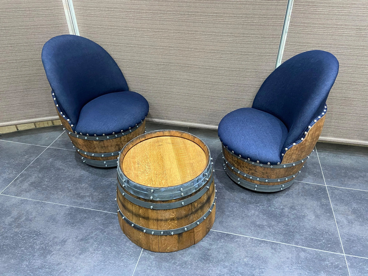 Bourbon Barrel Coffee Table Set, Whiskey Barrel Living Room Set, Wine Barrel 2 Chairs + Coffee Table, Reclaimed Oak