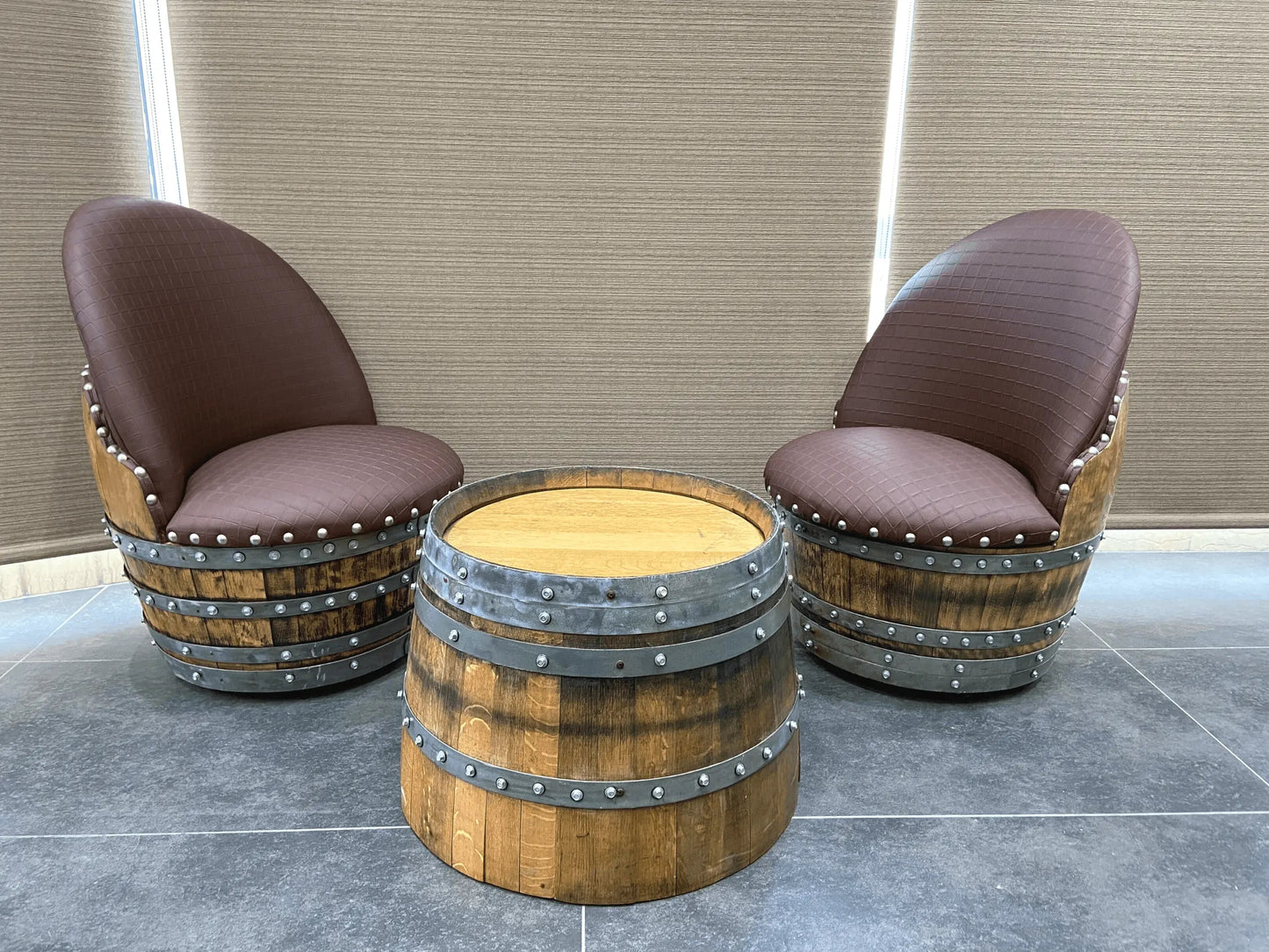 Bourbon Barrel Coffee Table Set, Whiskey Barrel Living Room Set, Wine Barrel 2 Chairs + Coffee Table, Reclaimed Oak