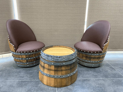Bourbon Barrel Coffee Table Set, Whiskey Barrel Living Room Set, Wine Barrel 2 Chairs + Coffee Table, Reclaimed Oak