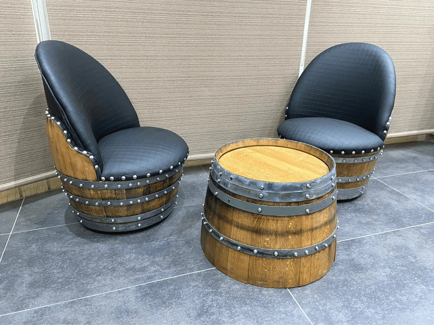 Bourbon Barrel Coffee Table Set, Whiskey Barrel Living Room Set, Wine Barrel 2 Chairs + Coffee Table, Reclaimed Oak