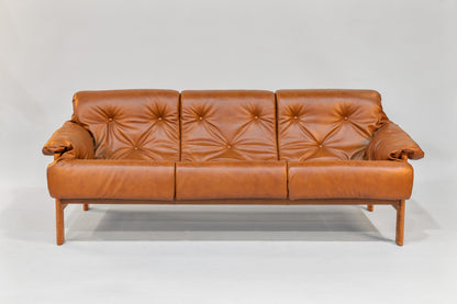 Sofa – Brown Leather with Tiger Maple Arms (Honey)