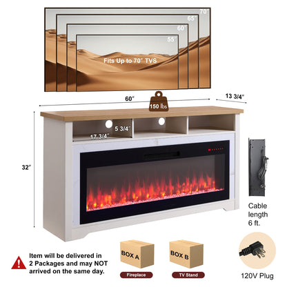 60 inch Fireplace TV Stand for TVs up to 70',with 50'smart Electric Fireplace,white