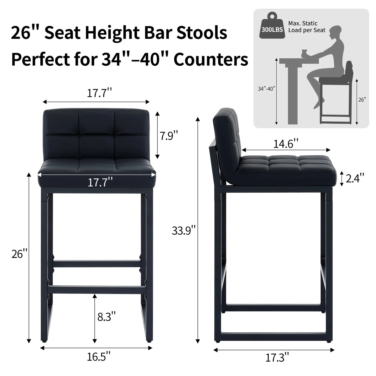 Bar Stools Set of 4, Counter Height Bar Stools with Back (26" Height) Thickened Metal Barstools Counter Stools Kitchen Island Chairs,Black