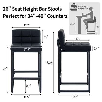 Bar Stools Set of 4, Counter Height Bar Stools with Back (26" Height) Thickened Metal Barstools Counter Stools Kitchen Island Chairs,Black
