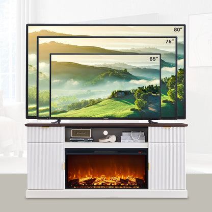 Fluted Fireplace TV Stand for 80 Inch, Entertainment Center with 36" Electric Fireplace, 2 Drawers and Adjustable Shelves, Wood TV Stand for Living Room
