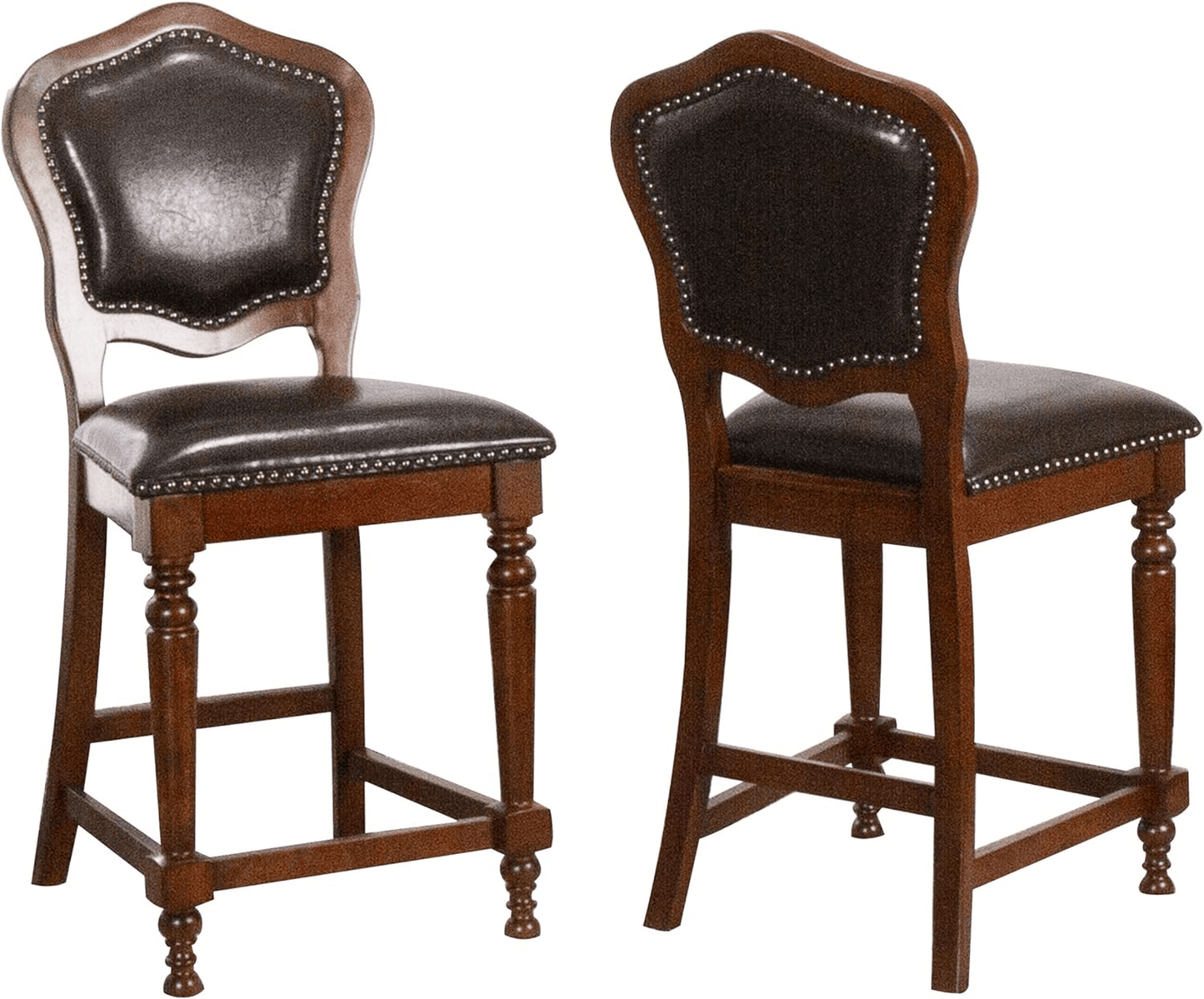Bellagio Upholstered Barstools With Backs - Distressed Cherry Brown Wood, Set Of 2