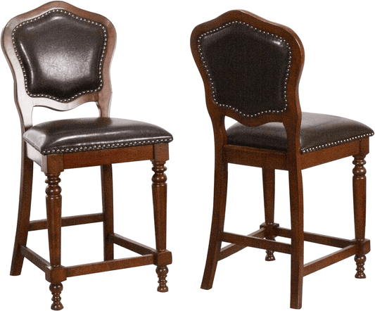 Bellagio Upholstered Barstools With Backs - Distressed Cherry Brown Wood, Set Of 2