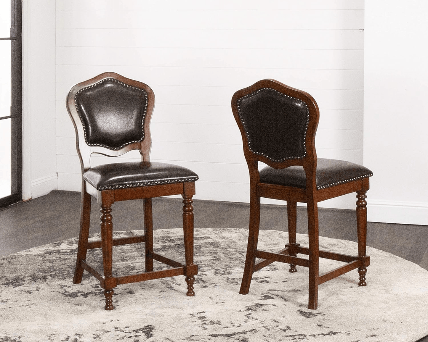 Bellagio Upholstered Barstools With Backs - Distressed Cherry Brown Wood, Set Of 2