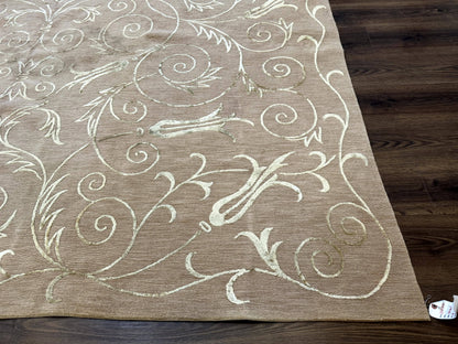 Tibetan Rug 9x12 Wool and Silk Beige Modern Handmade Carpet