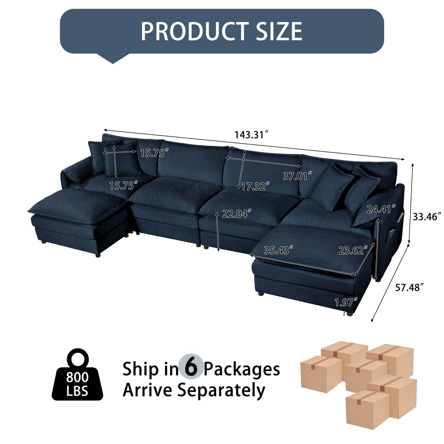 Modular Sectional Sofa, Oversized Deep Seat U Shaped Couch Set for Living Room