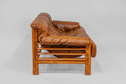 Sofa – Brown Leather with Tiger Maple Arms (Honey)