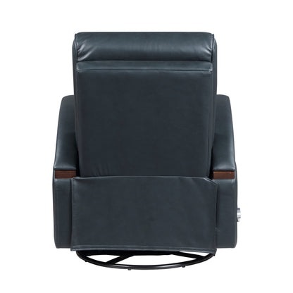 1pc Swivel Gliding Recliner Faux Leather Upholstered Solid Rubberwood Arms Luxurious Living Room Furniture, Navy