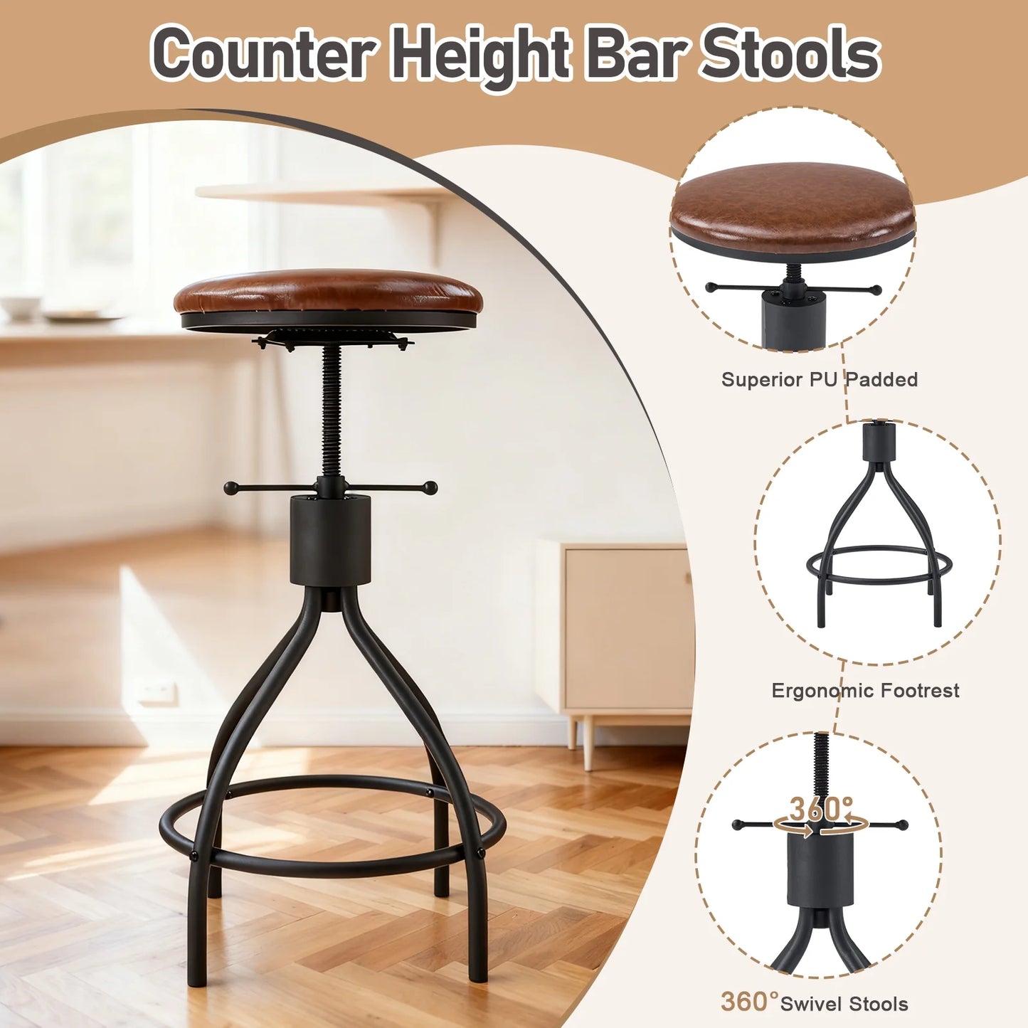 84" Bar Table and Chairs Set for 4~6, Pub Set for 4 PU Padded Barstools Swivel Stool Dining Table Set, Modern Dining Set for 4, Retro Brown
