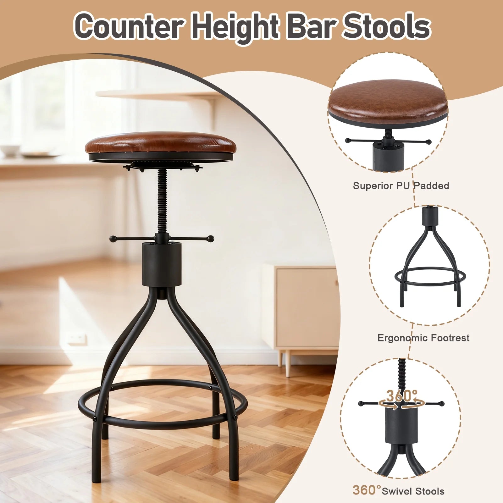 84" Bar Table and Chairs Set for 4~6, Pub Set for 4 PU Padded Barstools Swivel Stool Dining Table Set, Modern Dining Set for 4, Retro Brown